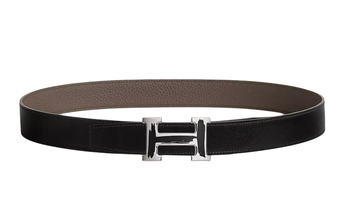 HERMES H Shaped Ornamental Buckle, Smooth Leather Belts Men's Black/Brown Width 3.2CM