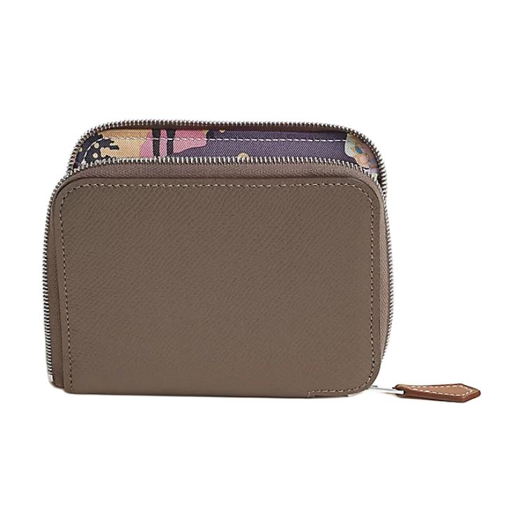 HERMES Silk'In Epsom & Barenia Calfskin Wallet Women's Chestnut & Black Vinegar & Sisal Green