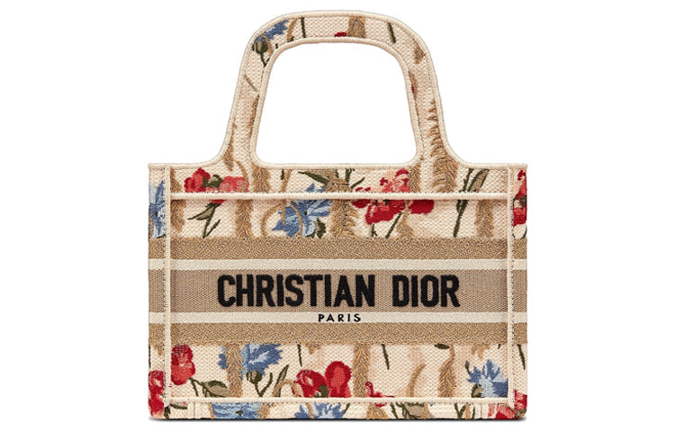 DIOR BookTote Embroidery Canvas Tote Bag Shopping Bag Handbag Mini Women's Multicolor/Beige