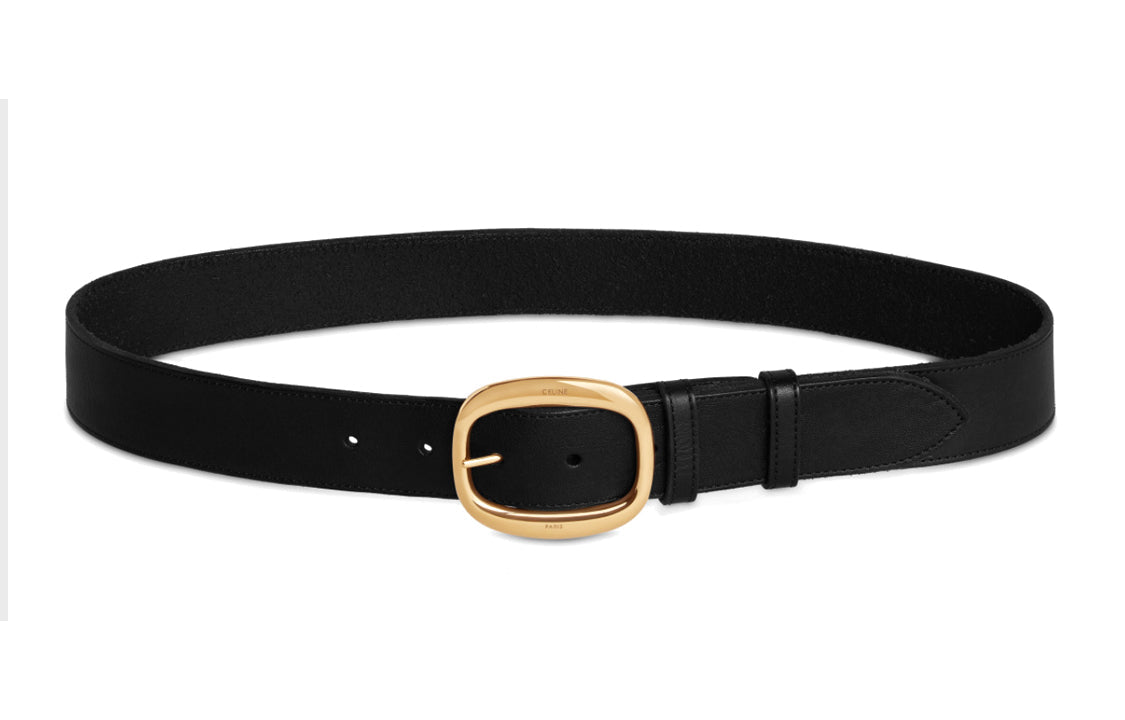 CELINE Letter Engraving, Pin Buckle Cow Leather Belts Women's Black 3.5cm