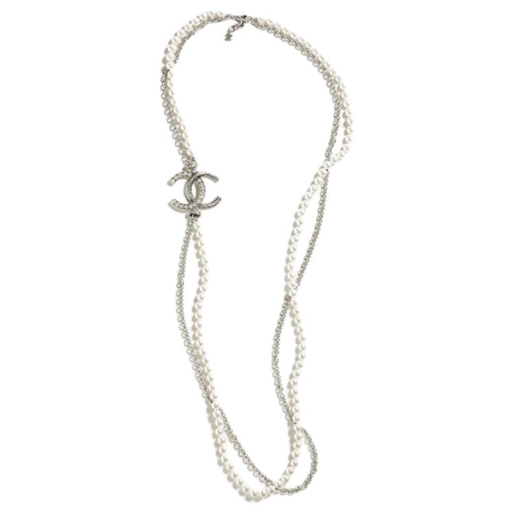 CHANEL Metal Artificial Pearl Rhinestone Necklaces Unisex Silver