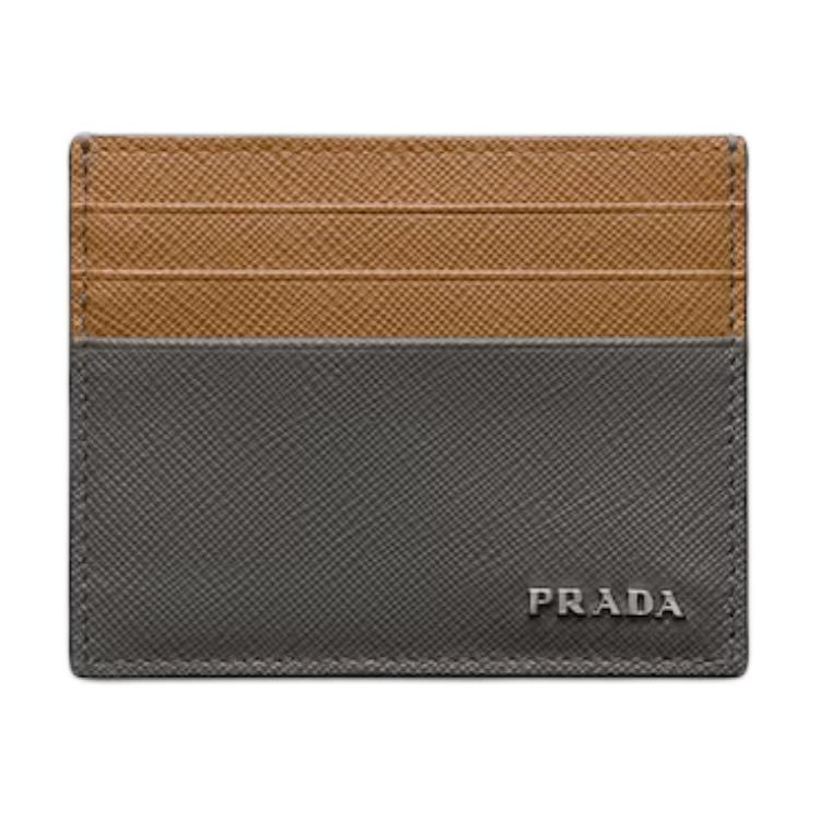 PRADA Saffiano Leather Card Holder Men's Marble Gray With Caramel Accents