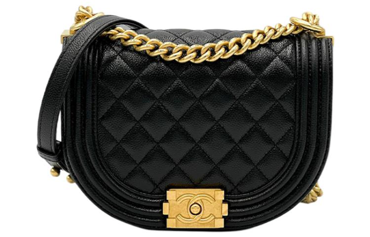 CHANEL Embossed Calfskin With Gold Metal Messenger Bag Shoulder Bag Crossbody Bag Small Size Women's Black