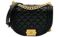 CHANEL Embossed Calfskin With Gold Metal Messenger Bag Shoulder Bag Crossbody Bag Small Size Women's Black