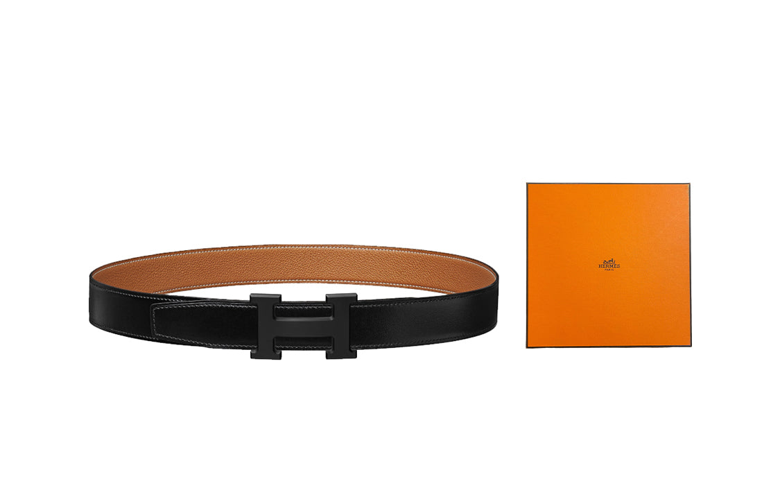 HERMES Frosted Black Black Buckle Togo Calfskin Double-Sided Leather Belt Men's Black/Gold Width: 3.2cm