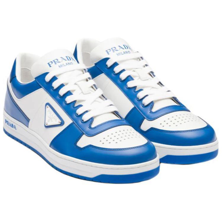 PRADA Downtown Low Top Sneakers Leather White Cobalt Blue