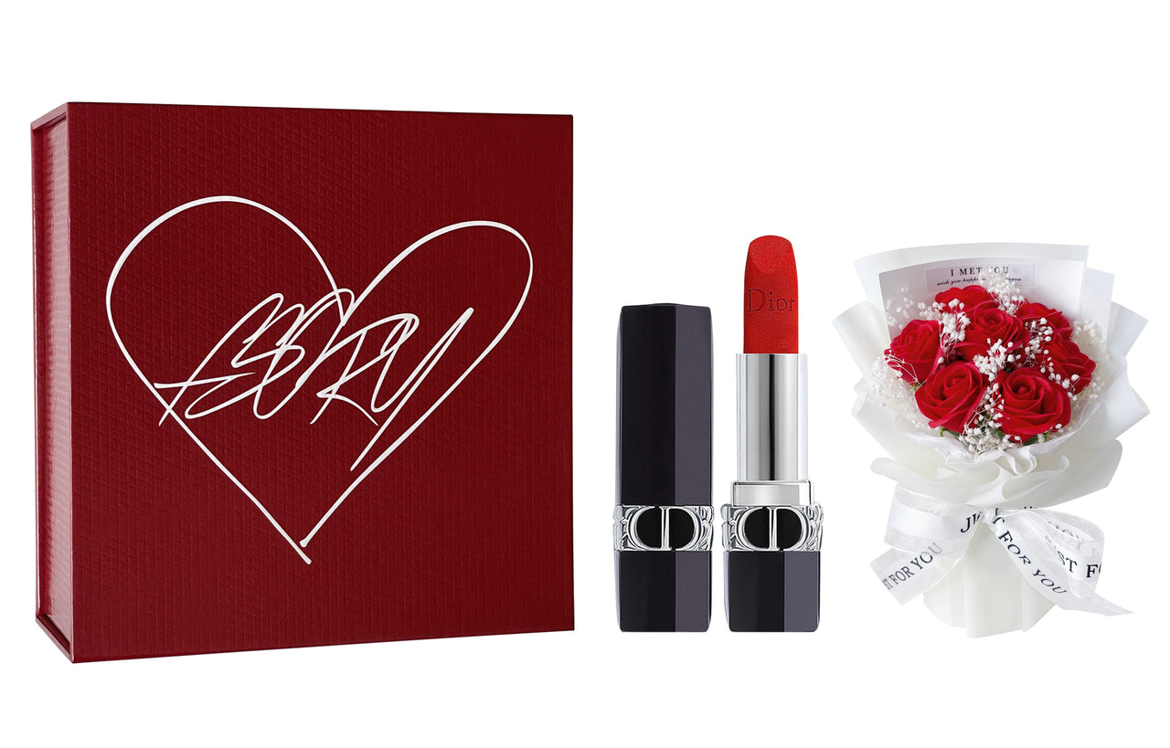 DIOR Brand New Intense Blue Gold Lip Balm Gift Box Velour Matte Free Trial Fragrance+Black Angel Bouquet Red Crystal