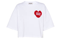 MIU MIU Heart Embroidery Crew Neck Cropped Short-Sleeved T-Shirt Women's White