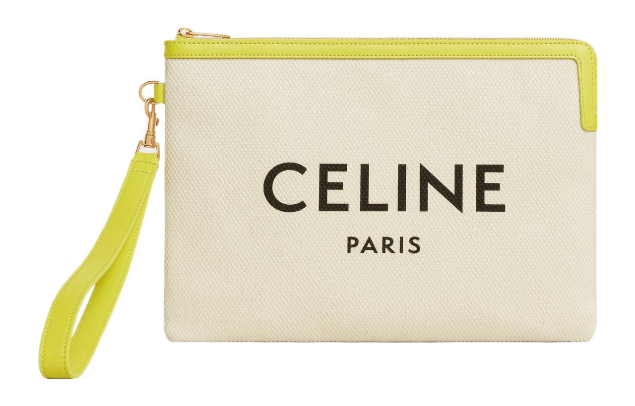 CELINE Cow Leather With Fabric Portable Clutch Small Size Women's Beige Yellow