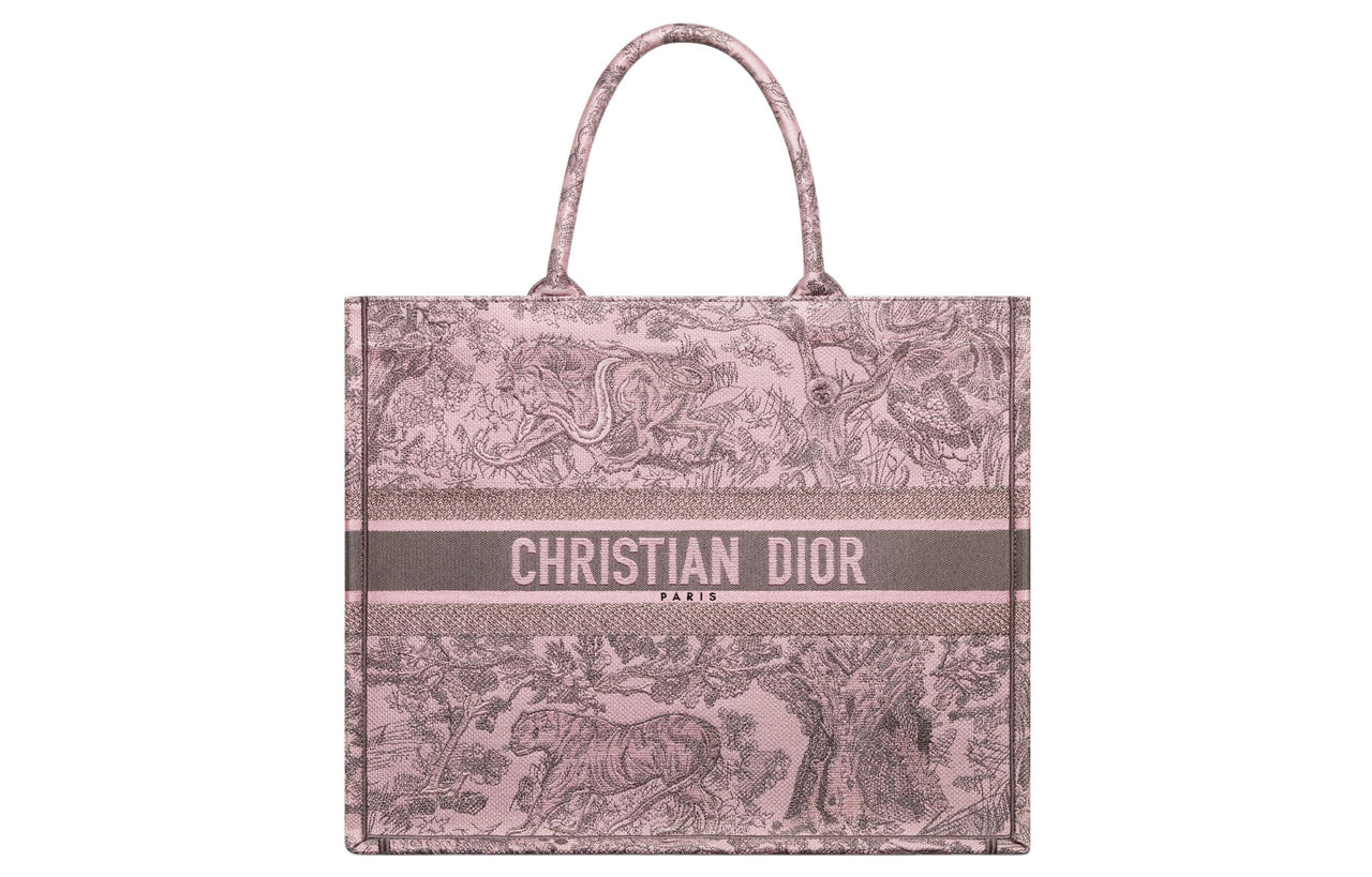 DIOR Embroidery Tote Bag, Shopping Bag, Handbag Large Size Women's Pink & Gray