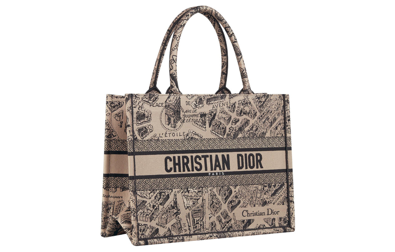 DIOR BookTote Embroidery Tote Bag Shopping Bag Handbag Medium Size Women's Beige/Black