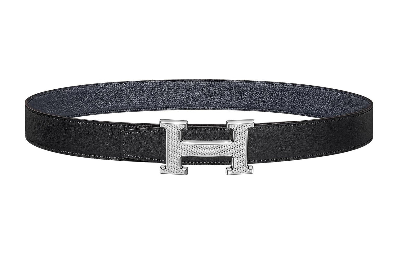 HERMES Letter Etched Silver Buckle Togo Calfskin Double-Sided Leather Belt Women's Gray Width: 3.2cm