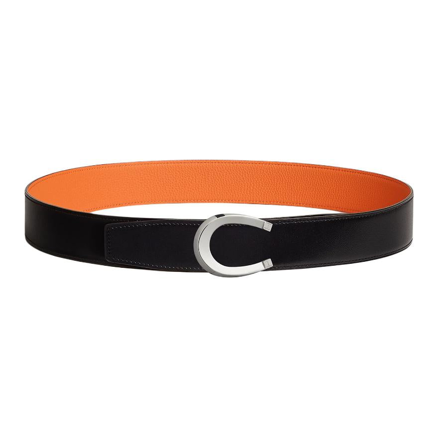 HERMES Metal Calfskin Palladium-Plated Leather Leather Belts Men's Black Width: 3.8CM