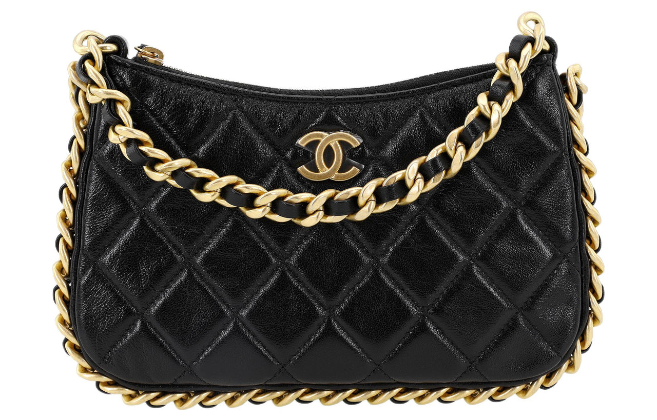 CHANEL Lambskin Hobo Bag Handheld Handbag Shoulder Bag Crossbody Bag Small Size Women's Black