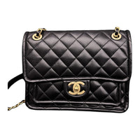 CHANEL Shiny Lambskin With Metal Accents Shoulder Bag Crossbody Bag Medium Size Women's Black