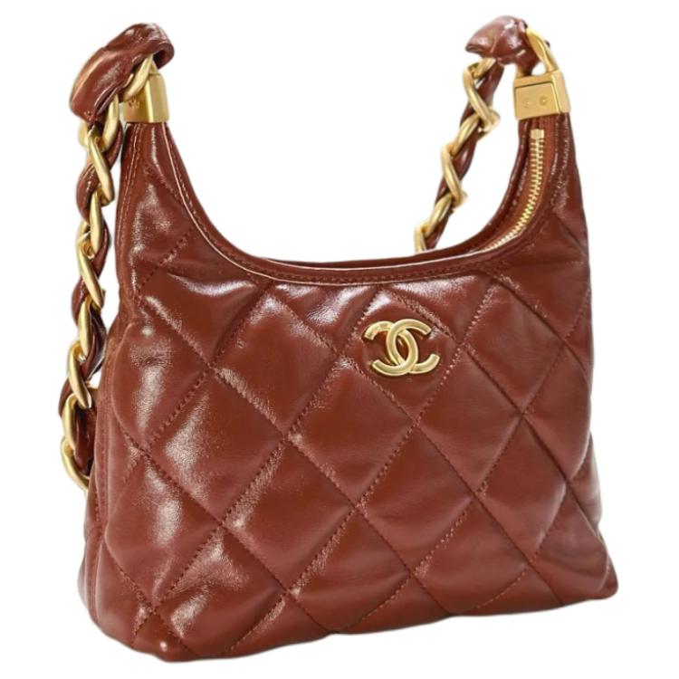 CHANEL Polished Lambskin Hobo Bag Handbag Shoulder Bag Women's Brown