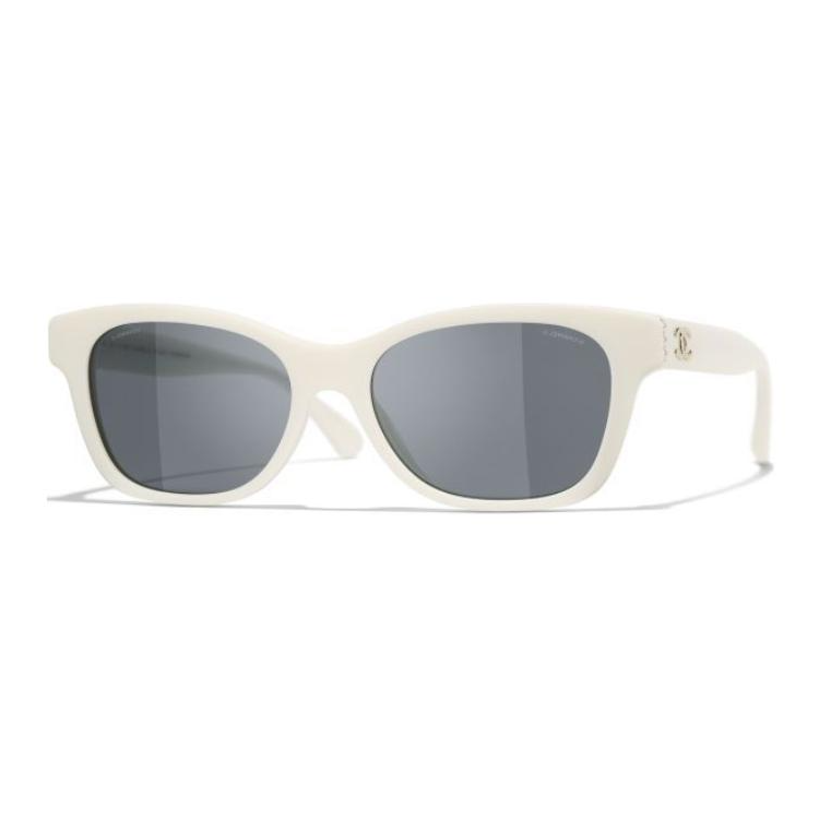 CHANEL Acetate Glass Pearl Square Sunglasses Unisex White