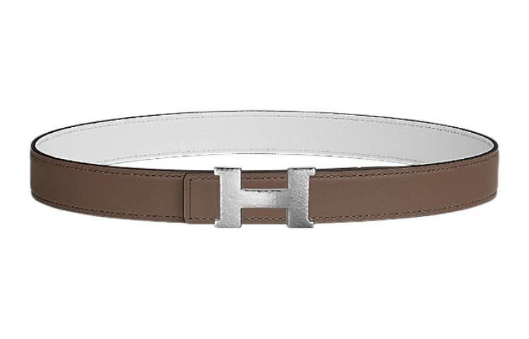 HERMES Studded Leather Silver Buckle Epsom Calfskin Double Sided Leather Belt Women's Elephant Gray/White Width 2.4cm