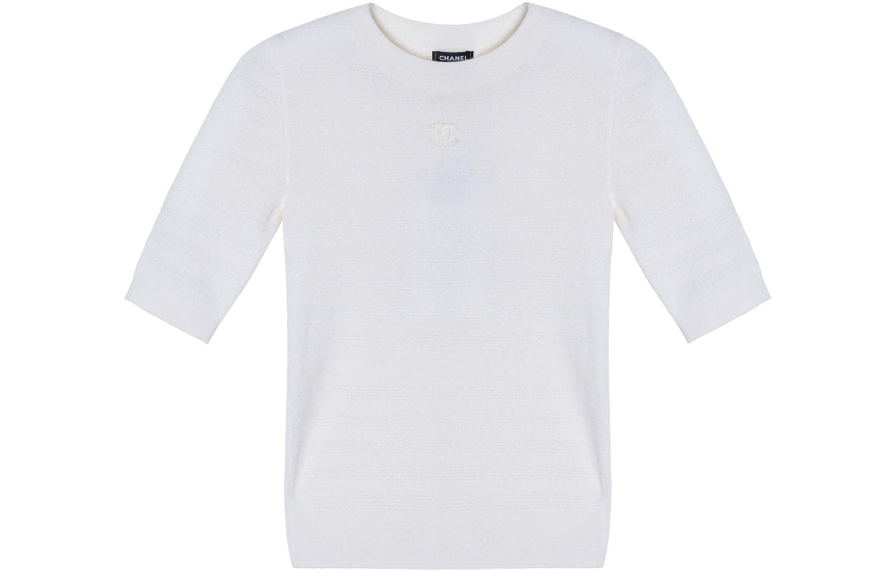 CHANEL Solid Color Crew Neck Straight Fit Short Sleeved Shirt T Shirt Women's White