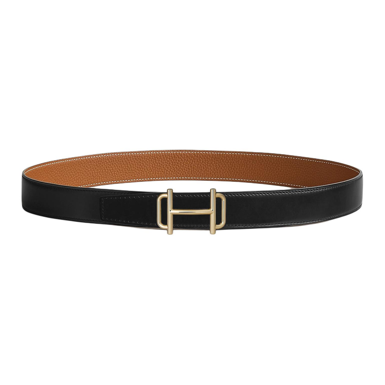 HERMES Calfskin Leather Belts Women's Black/Gold Width 3.2cm