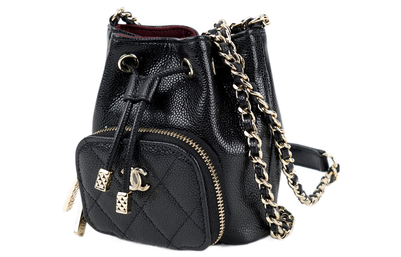 CHANEL Mini Bucket Bag With Chain Grained Calfskin Gold Black