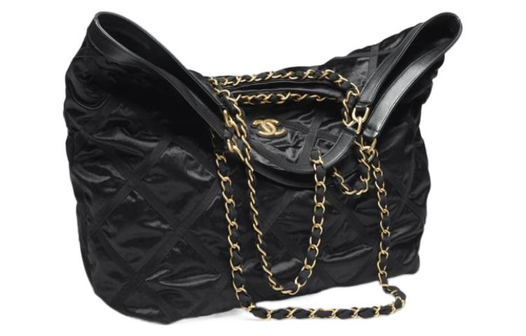 CHANEL Nylon Shopping Bag, Tote Medium Size Women's Black Gold