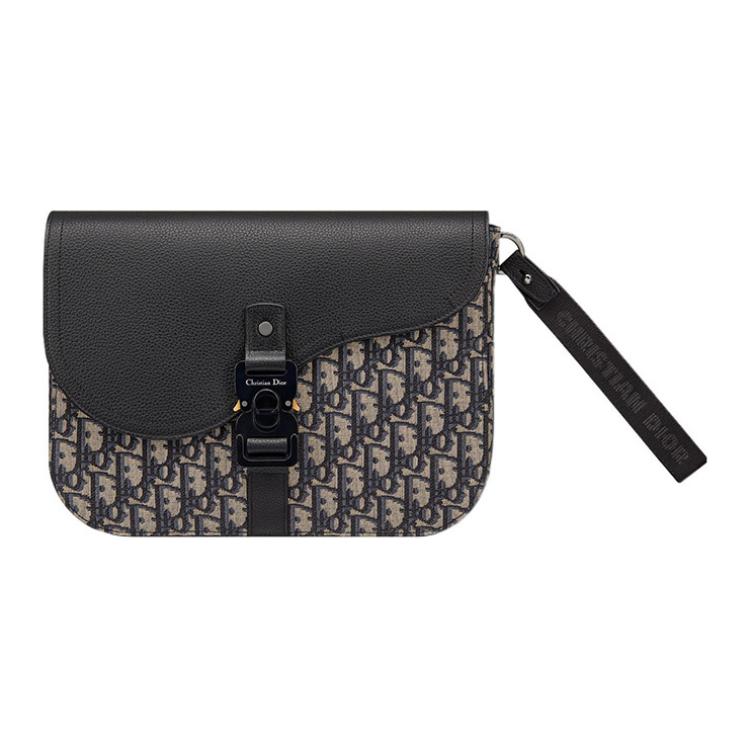 DIOR Oblique Print With Grain Cow Leather Clutch Men's Black/Beige