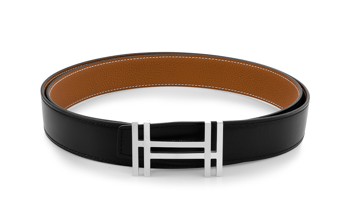 HERMES Cow Leather Belt Men's Black/Gold Width: 3.2cm