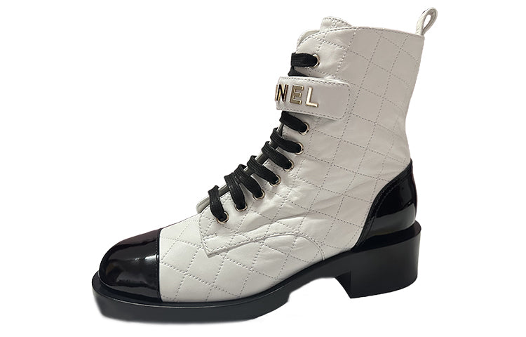 CHANEL Short Martin Boot Women's White Black