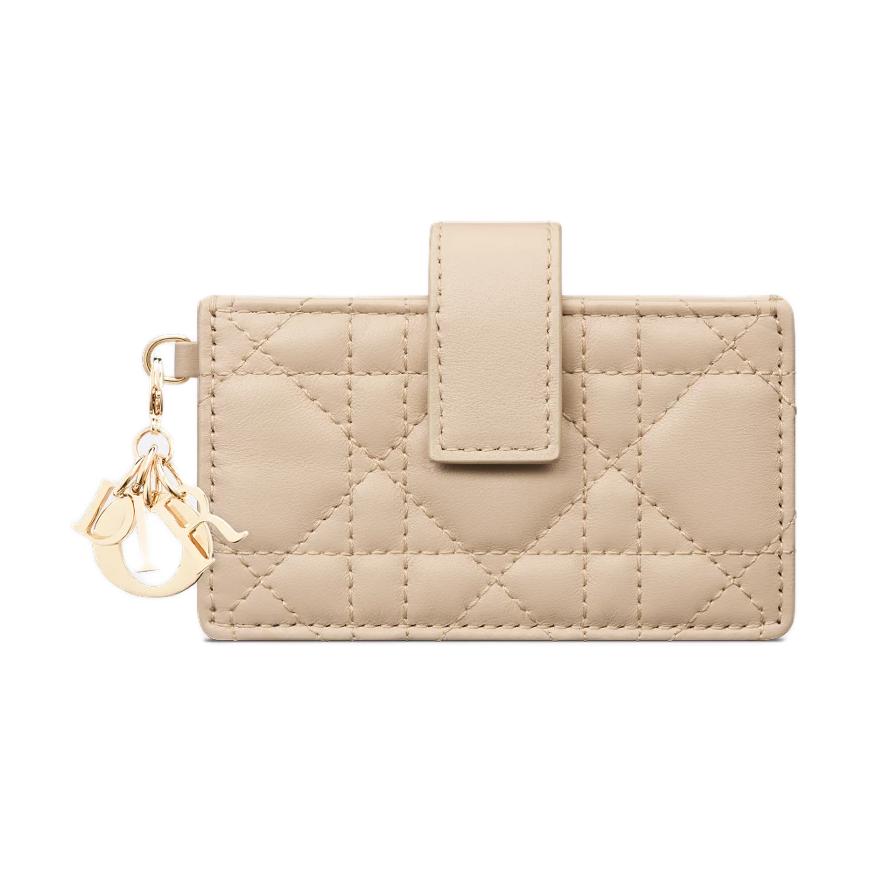 DIOR Lady Dior Sheepskin Card Holder Women's Rouge Beige With Grey Accents Ivory