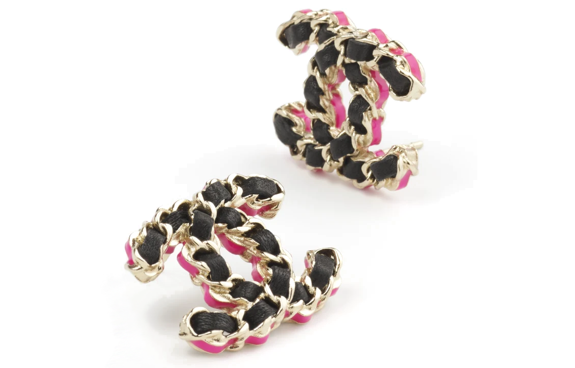 CHANEL Leather Stud Earrings Women's Black Gold