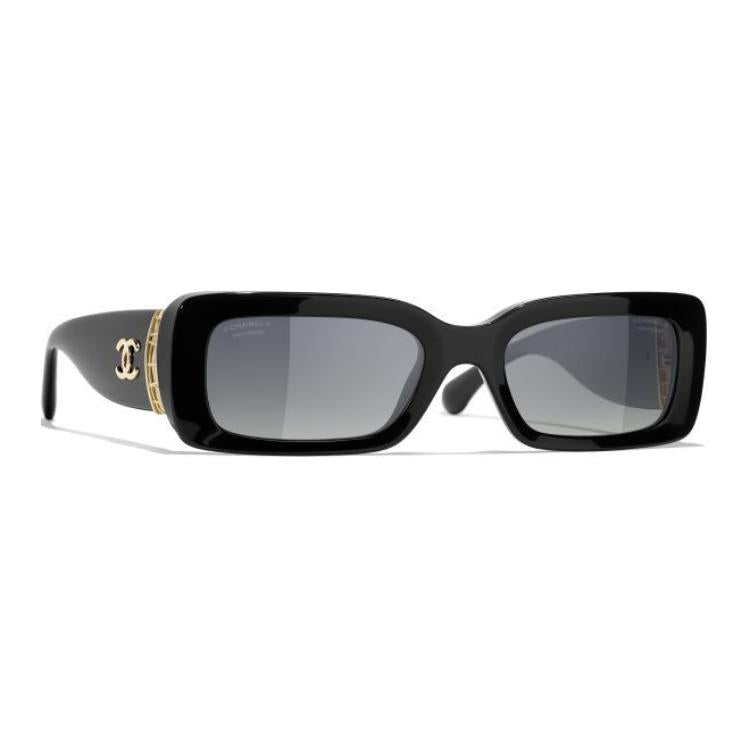 CHANEL Metal Acetate Rectangular Sunglasses Unisex Black