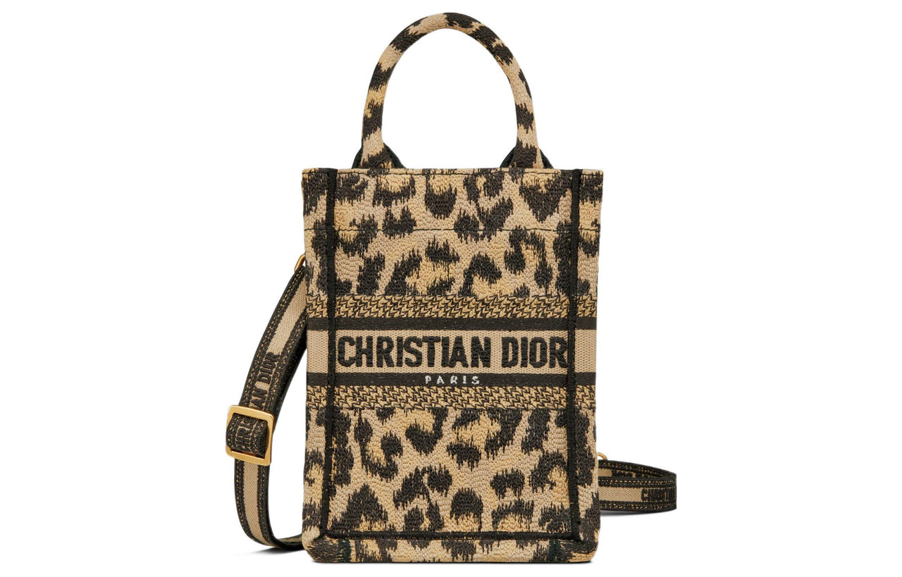 DIOR BookTote Pattern Embroidery Shoulder Bag, Crossbody Bag, Handbag Mini Women's Beige/Leopard Print
