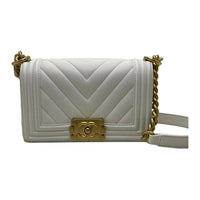 CHANEL LEBOY Shiny Calfskin Flap Bag, Shoulder Bag, Crossbody Bag Small Size Women's White
