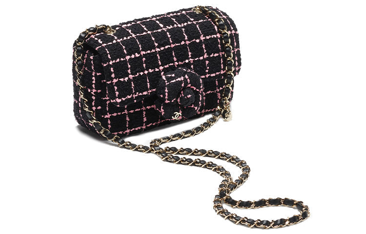 CHANEL Wool Twill Soft Woolen Camellia Flap Bag, Crossbody Bag, Shoulder Bag Women's Black & Pink
