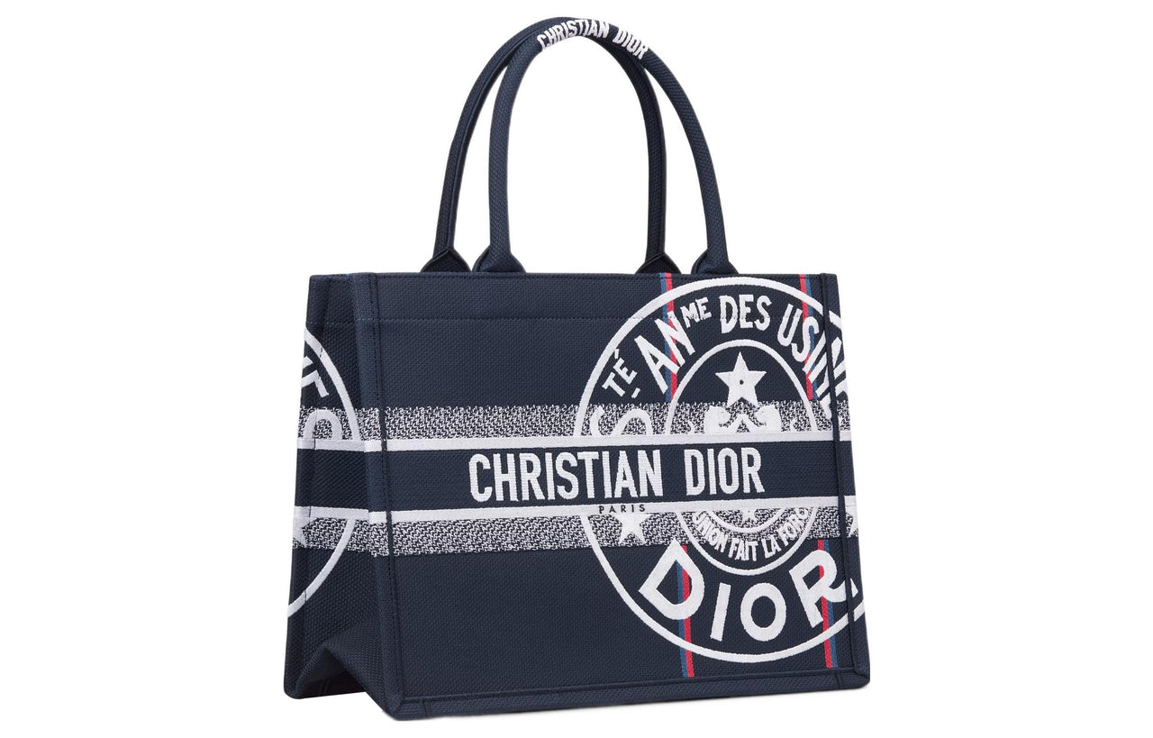DIOR BookTote Embroidery Tote Bag Shopping Bag Handbag Medium Size Women's Blue