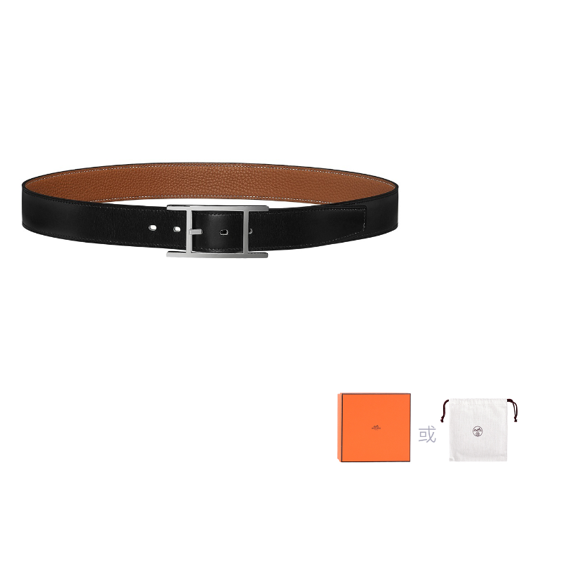 HERMES Togo Calfskin Double-Sided Belt Leather Belts Unisex Black Width: 3.2cm