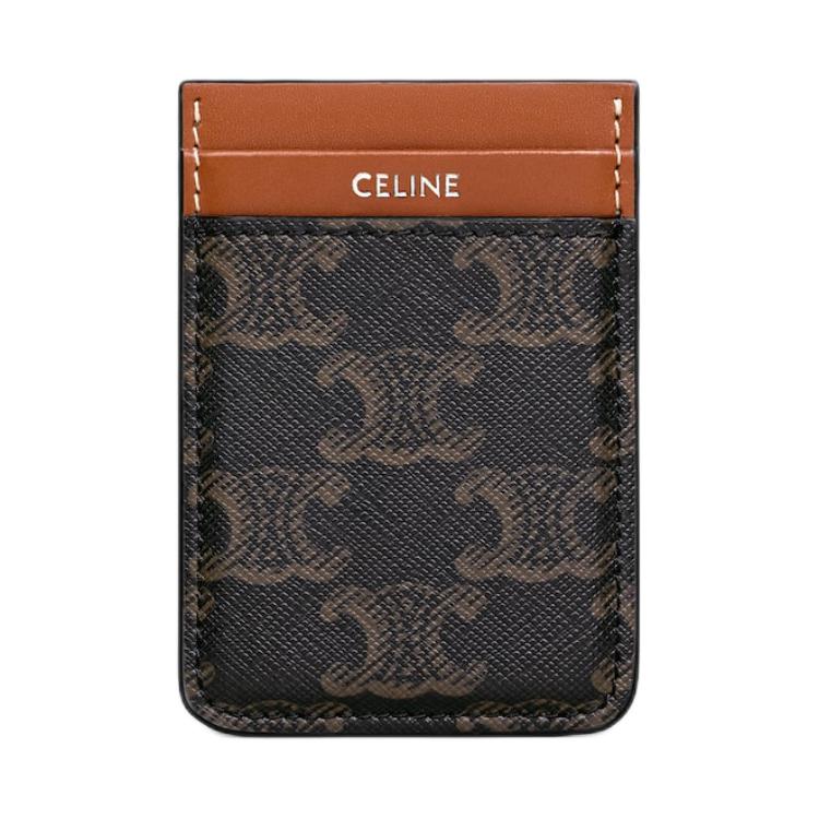 CELINE Triomphe Canvas paneled Calfskin Trim Card Holder Men's Tan
