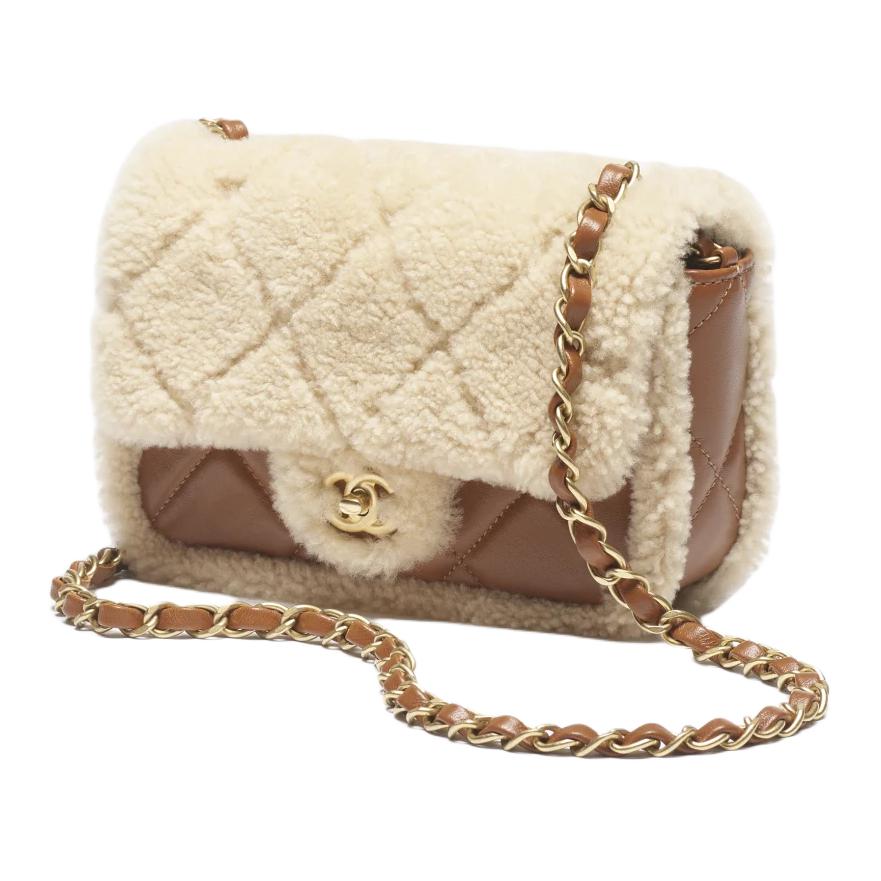 CHANEL Lambskin Handbag Shoulder Bag Women's Beige & Brown