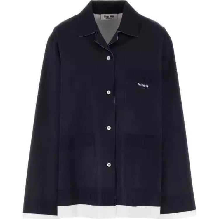 MIU MIU Raw Hem Camp Collar Shirt Blu Bianco