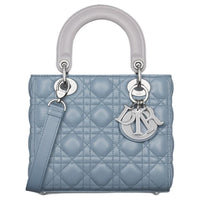 DIOR Lady Dior Leather Shoulder Bag Crossbody Bag Handbag Small Size Women's Gray With Slate Blue Accents