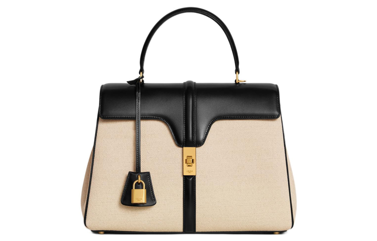 CELINE 16 Fabric With Calfskin Trim Shoulder Bag, Crossbody Bag, Handbag Women's Black/Natural