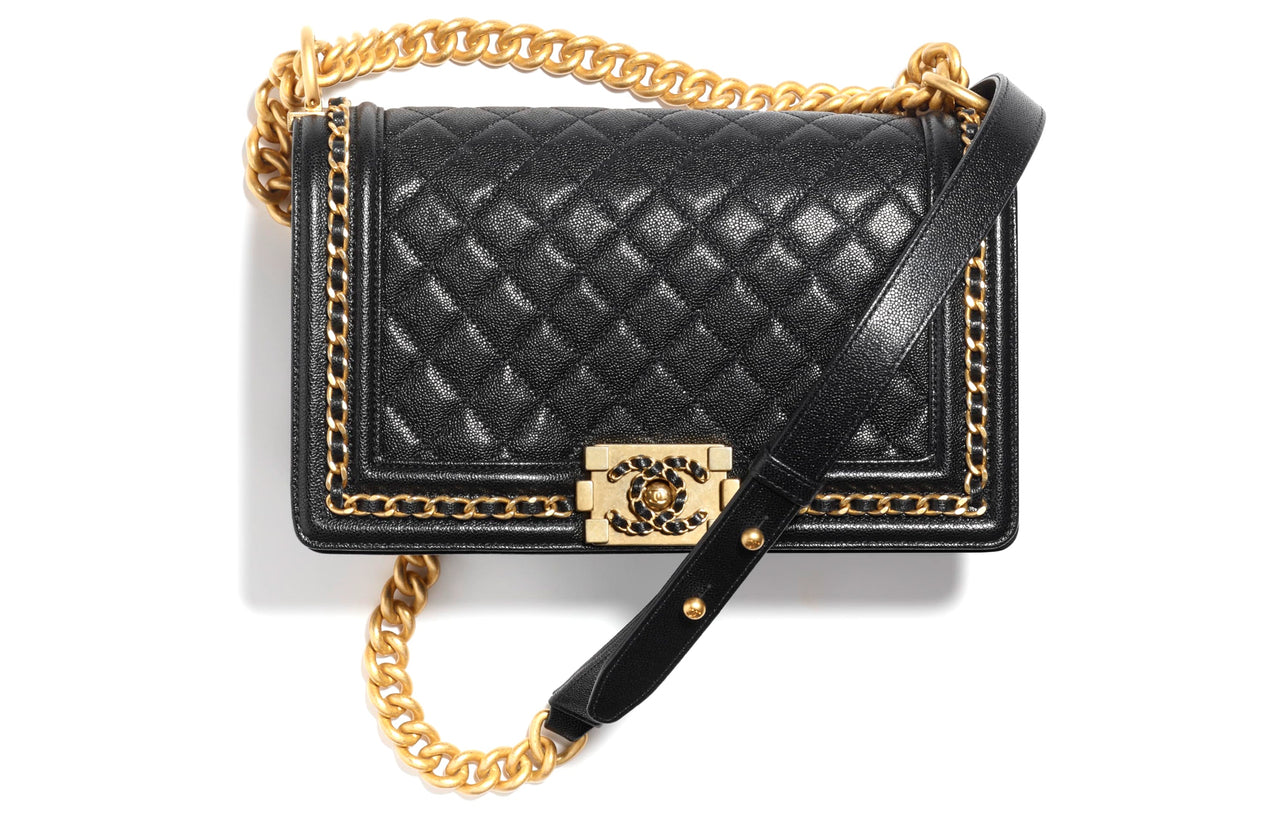 CHANEL Shiny Grained Calfskin Chain Bag With Zip Closure Crossbody Bag Women's Black