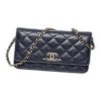 CHANEL Embossed Shiny Calfskin Crossbody Bag Shoulder Bag Women's Marine Blue