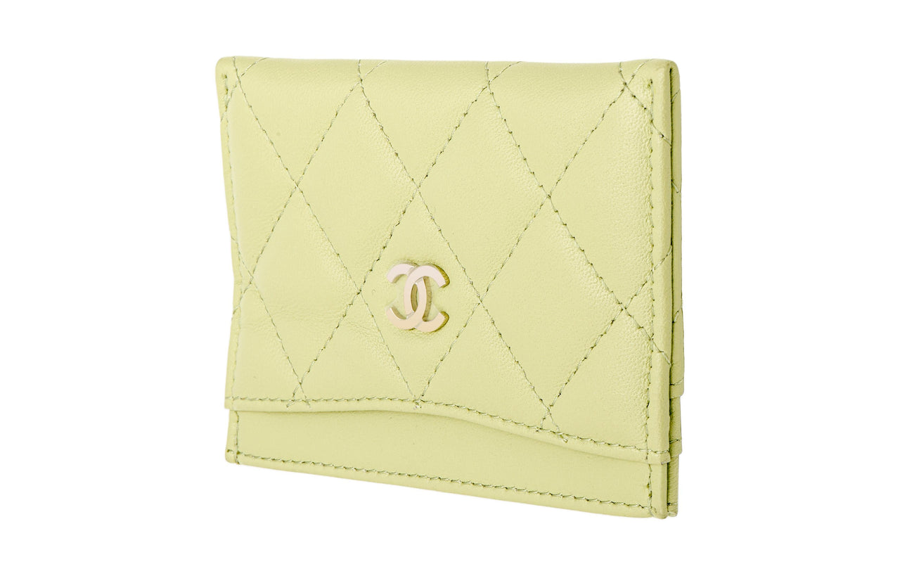 CHANEL Lambskin Card Holder Women's Yellow Green