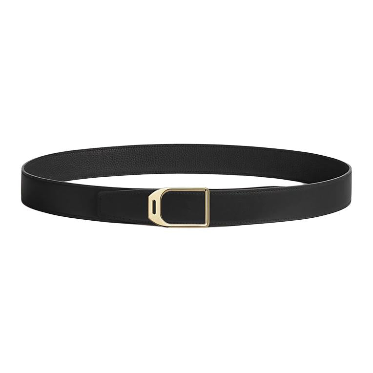 HERMES Calfskin Leather Belts Men's Black Width: 3.2CM