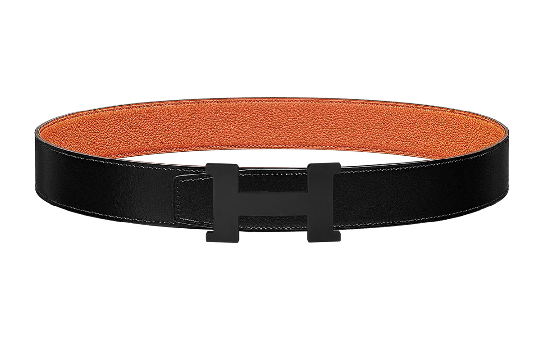 HERMES Fashion Trend Black Buckle Togo Calfskin Double-Sided Leather Belt Unisex Black/Orange Width: 3.8cm