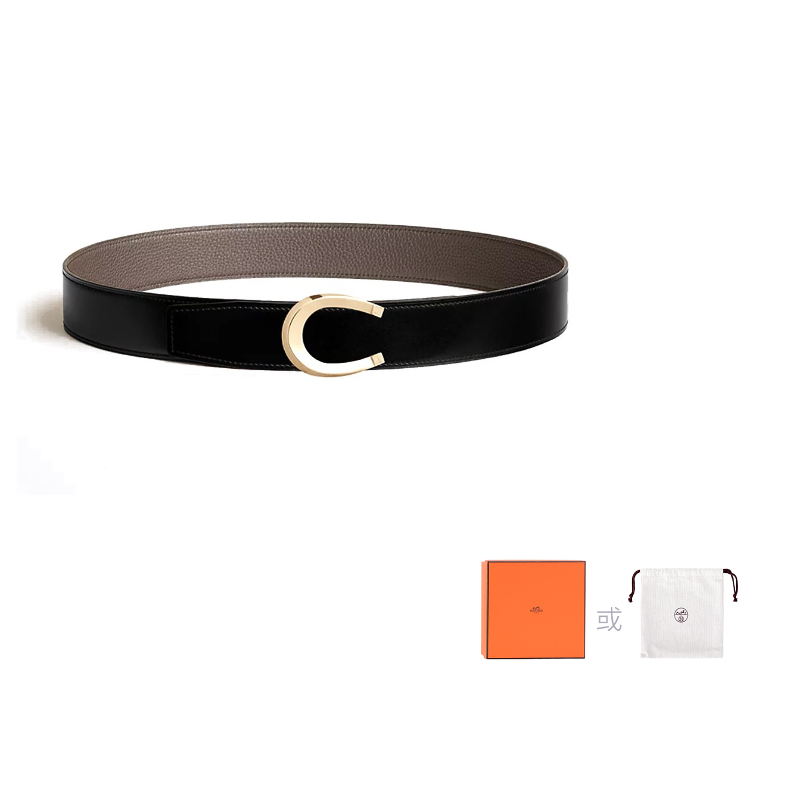 HERMES Calfskin Leather Belts Men's Black/Umber 3.8CM