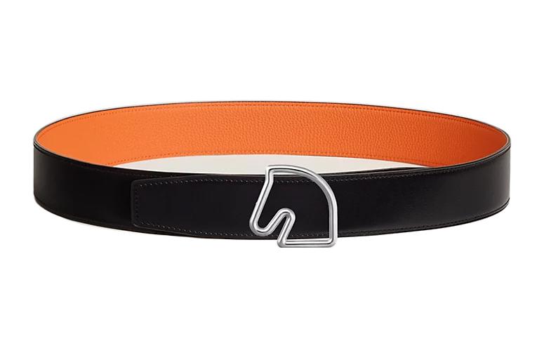 HERMES Horse Head Buckle Double-Sided Leather Belts Men's Black Width: 3.8CM