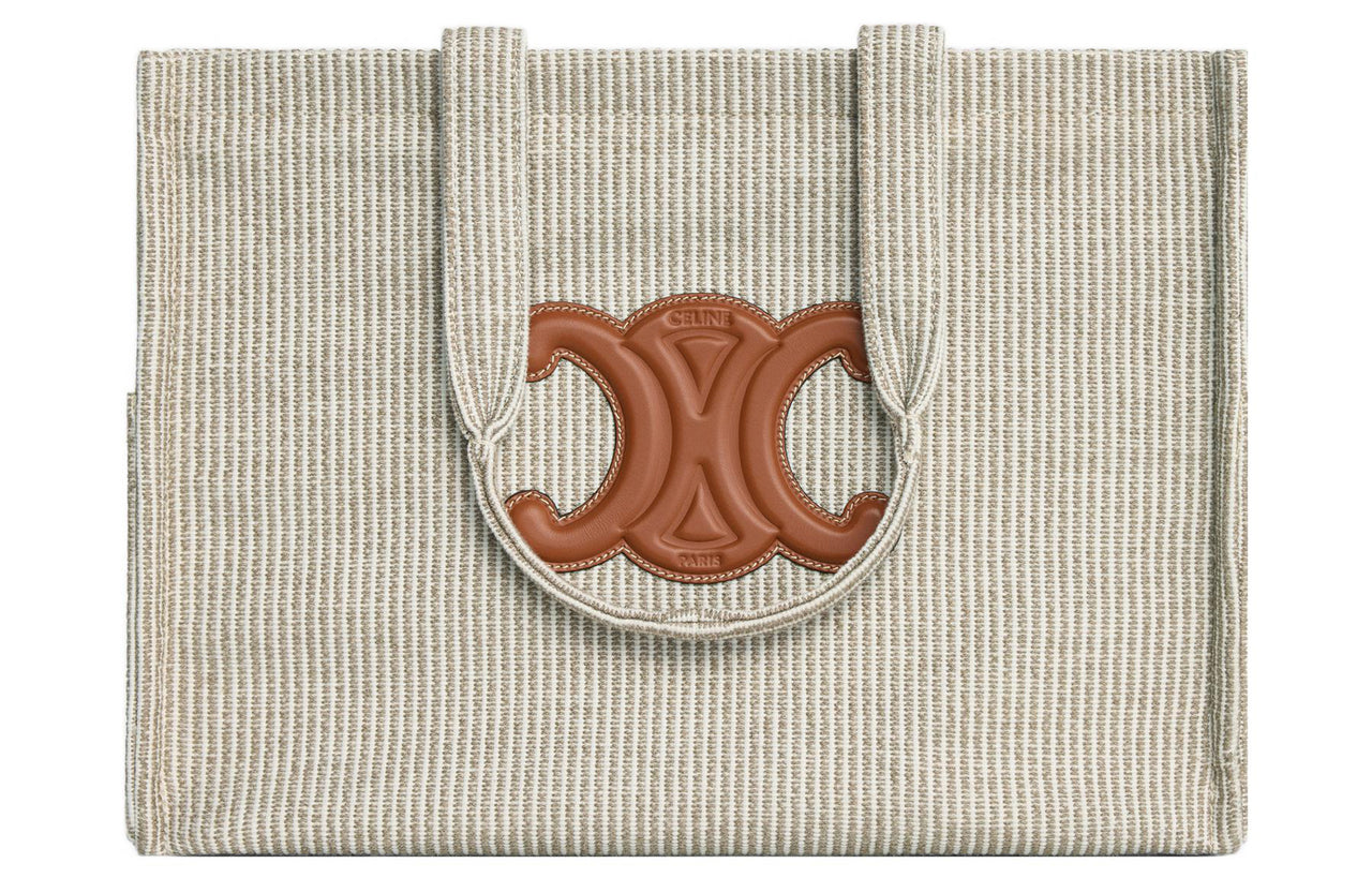 CELINE Cabas Thais Fabric With Calfskin Tote Bag Shopping Bag Shoulder Bag Handbag Large Size Women's Light Brown